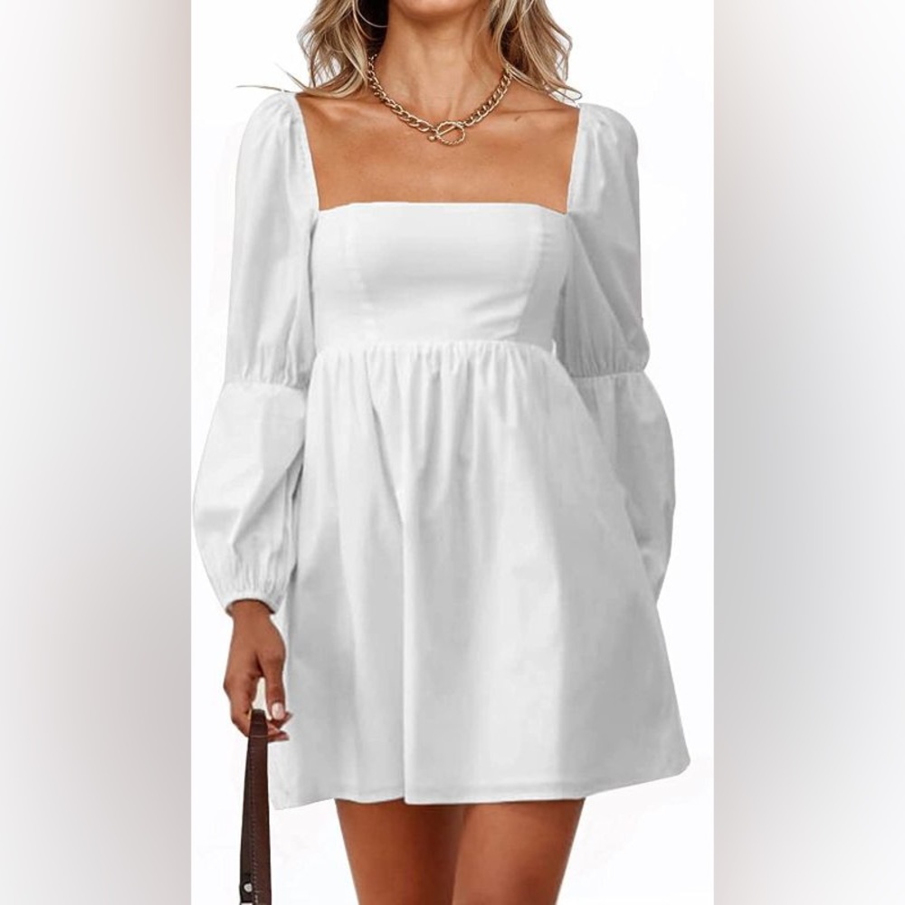 PRETTYGARDEN Women's Fall Long Puff Sleeve Babydoll Dress Casual Square Neck L